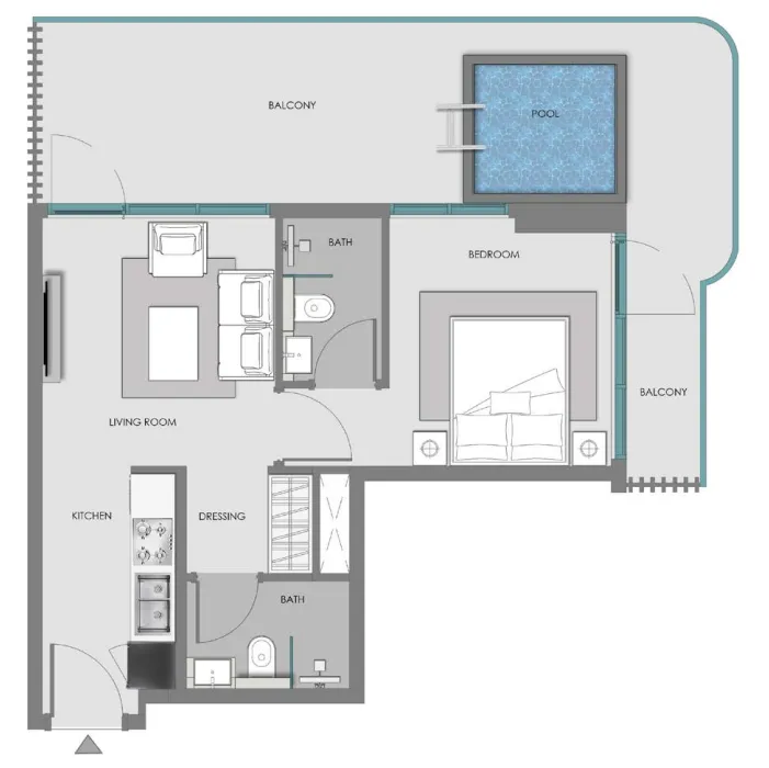 Samana Imperial Garden 1 bed floor plan, 747 – 787 sqft