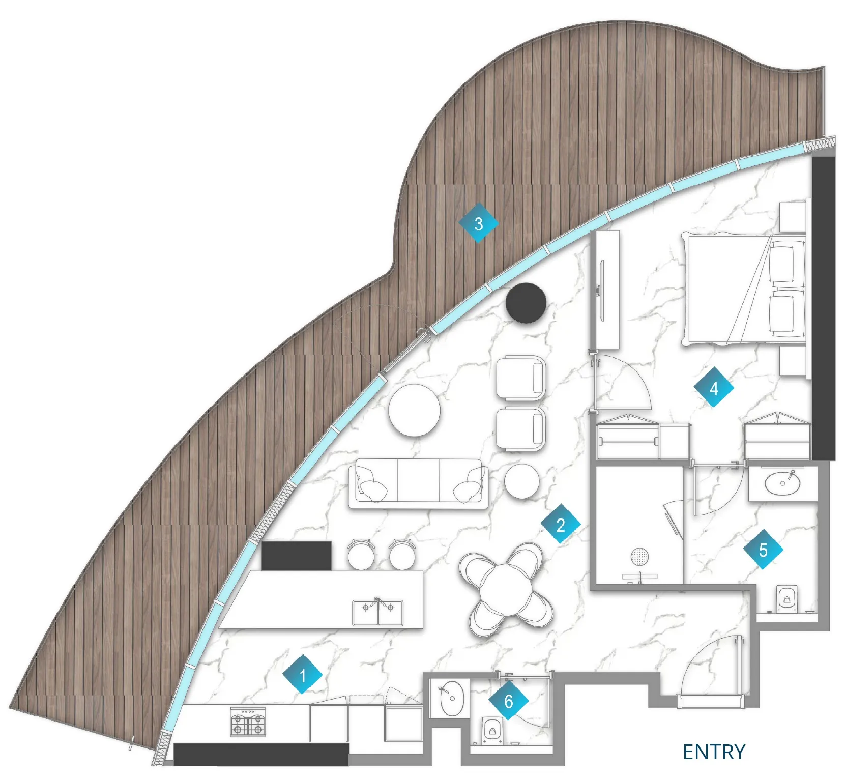 Aqua Arc 1 bed floor plan, 1,240 sqft