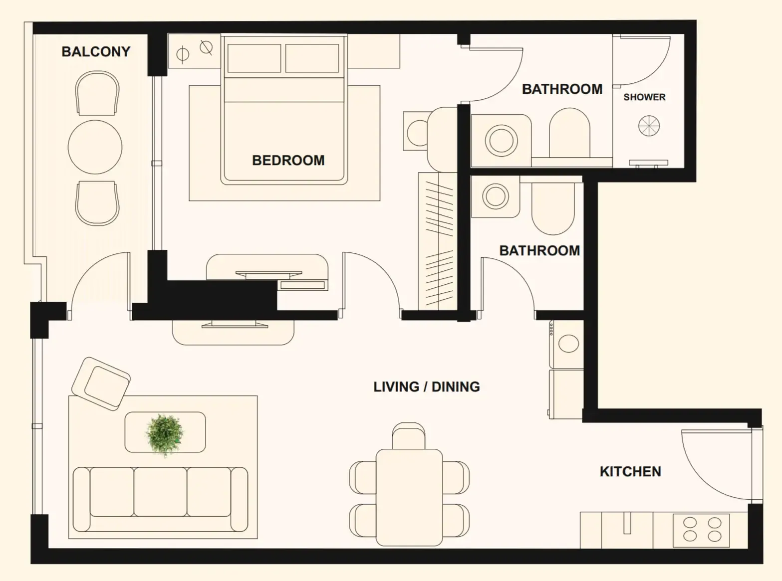 The Elysian 1 bed floor plan, 709 sqft