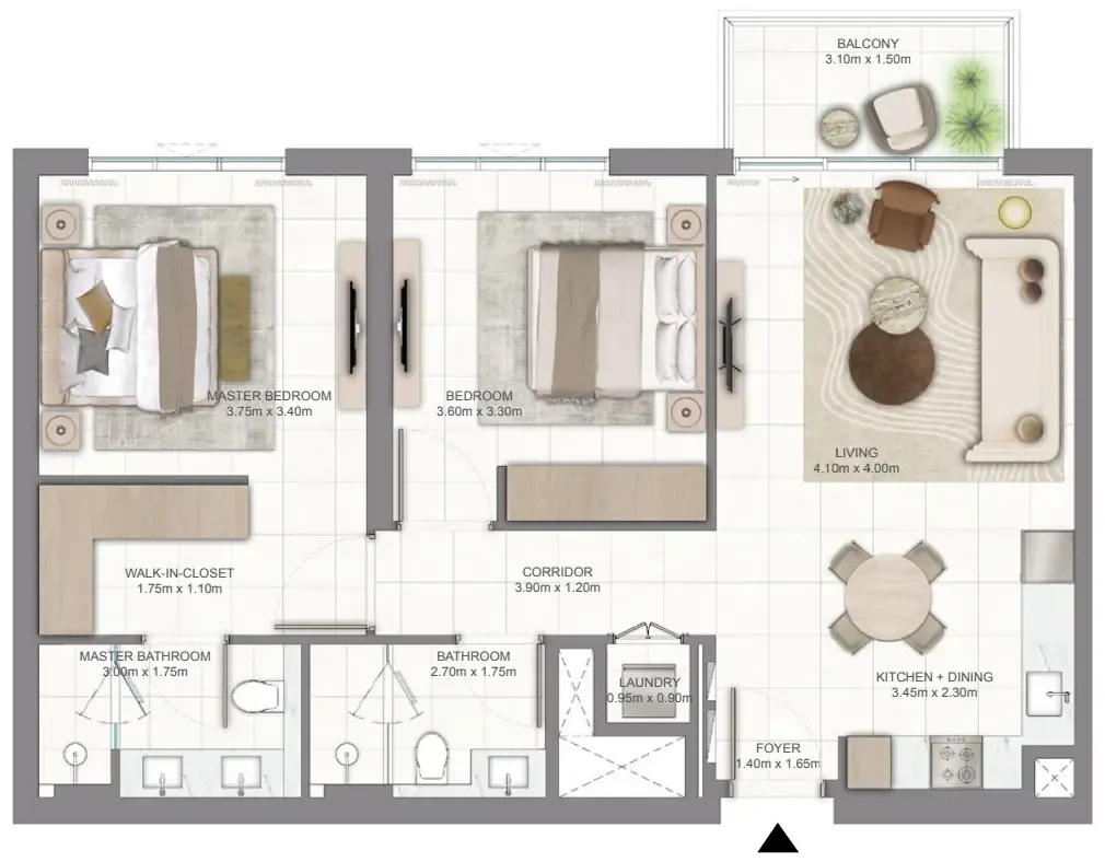 Golf Vale 2 bed floor plan, 987 – 990 sqft