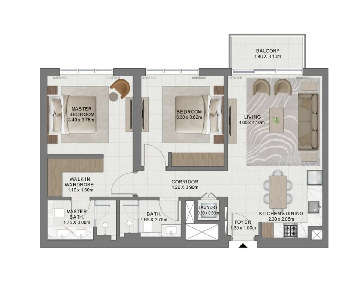Golf Hills 2 bed floor plan, 989 sqft