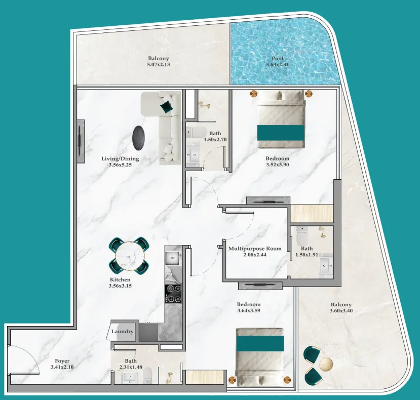 Breez 2 bed floor plan, 1,277 sqft