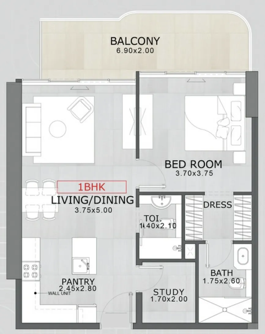 Floarea Skies 1 bed floor plan, 772 sqft