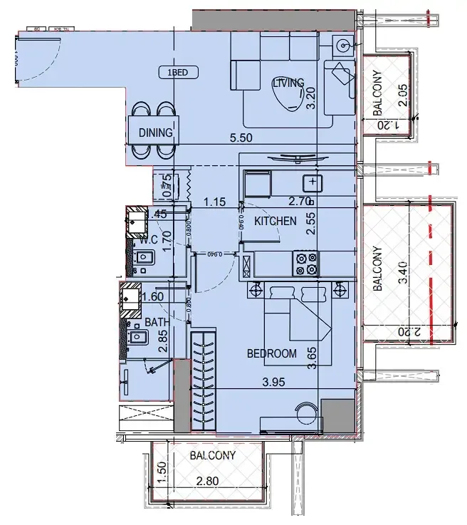 Binghatti Luxuria 1 bed floor plan, 742 sqft