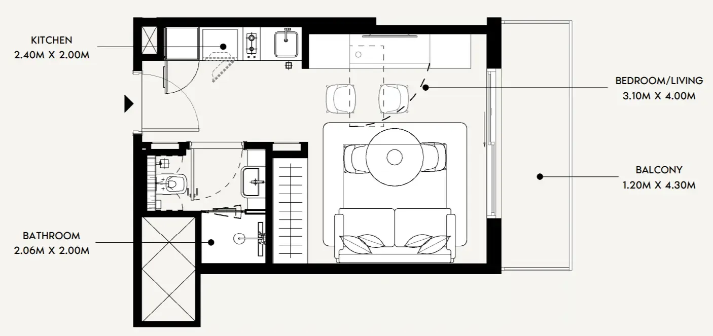 Azizi David Studio floor plan, 335 sqft