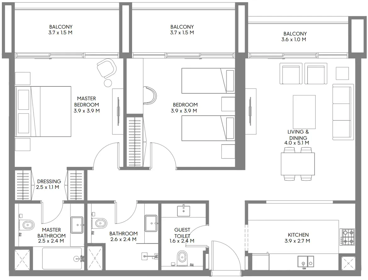 Jenna 1 2 bed floor plan, 1,240 sqft