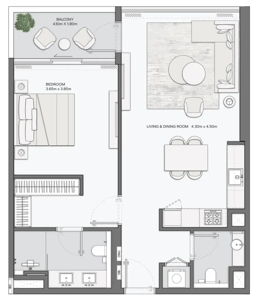 Mansory Residences by Amaal 1 bed floor plan, 889 – 892 sqft