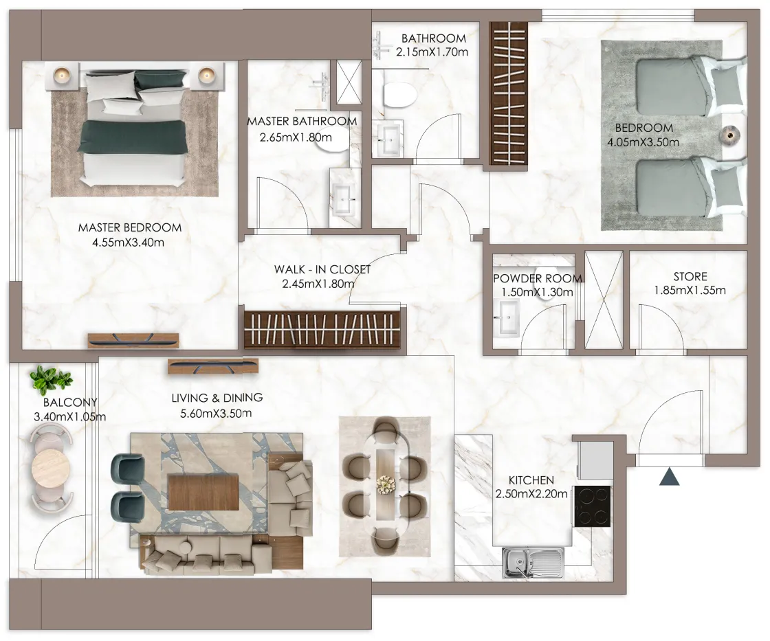 Sky Gardens Tower 2 bed floor plan, 1,491 sqft