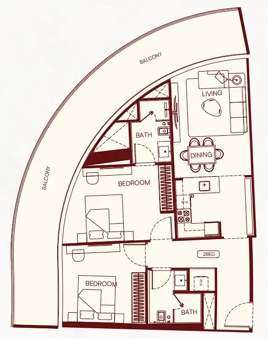 Binghatti Skyflame 2 bed floor plan, 1,210 – 1,212 sqft