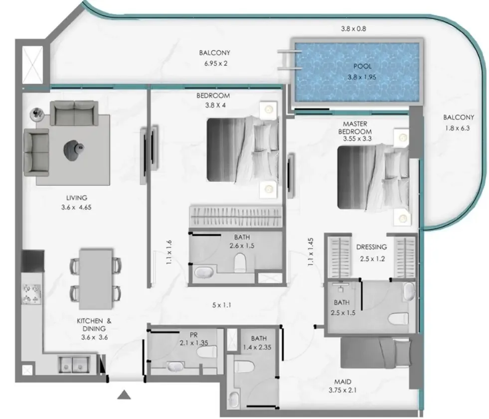 Samana Ocean Bay 2 bed floor plan, 1,433 sqft