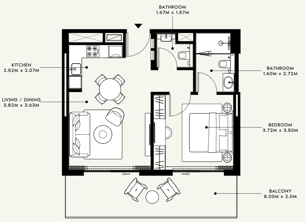 Azizi Venice 1 bed floor plan, 724 sqft