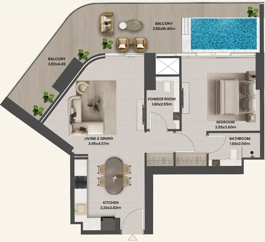 Divine Al Barari 1 bed floor plan, 1,020 sqft