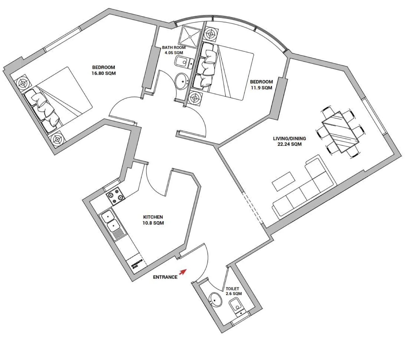Nuaimia Two Tower 2 bed floor plan, 1,405 sqft