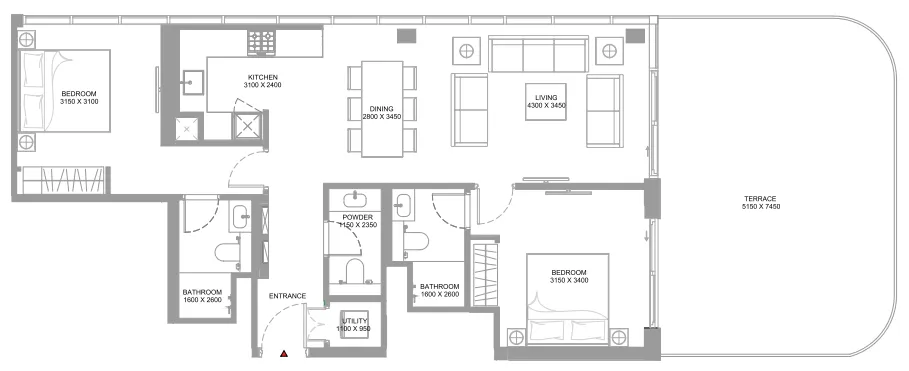 Bayfront Marina Residences 2 bed floor plan, 1,359 sqft