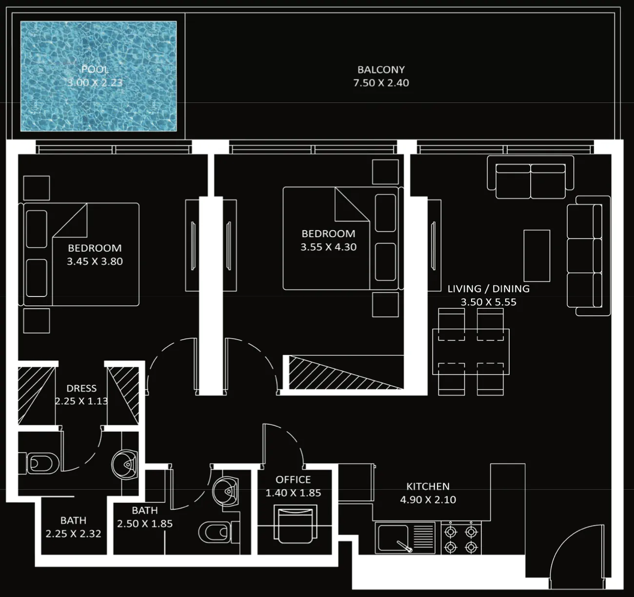 Diamondz 2 bed floor plan, 1,107 sqft