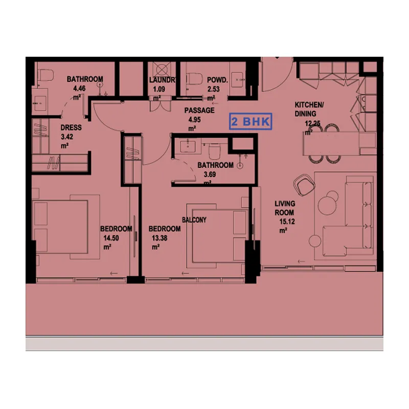 Marquis Horizon 2 bed floor plan, 1,161 sqft
