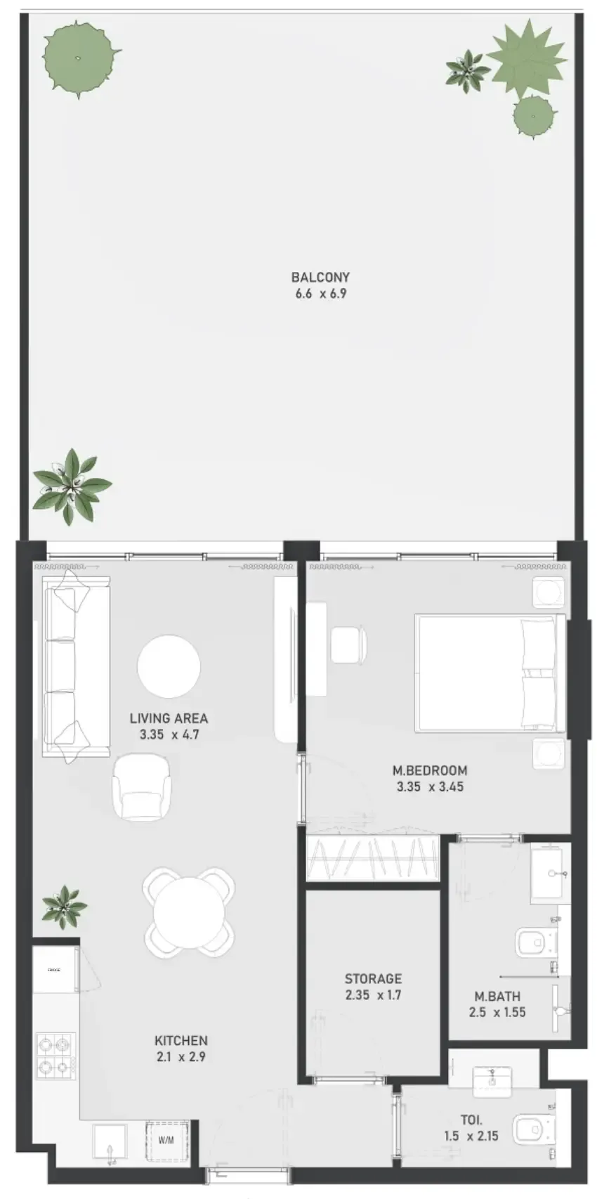 Ayami Residence 1 bed floor plan, 1,073 – 1,074 sqft