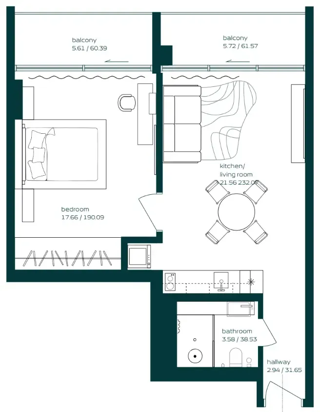 Vibe 1 bed floor plan, 680 sqft