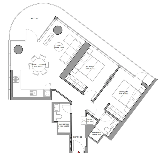 Sobha Solis 2 bed floor plan, 1,125 sqft