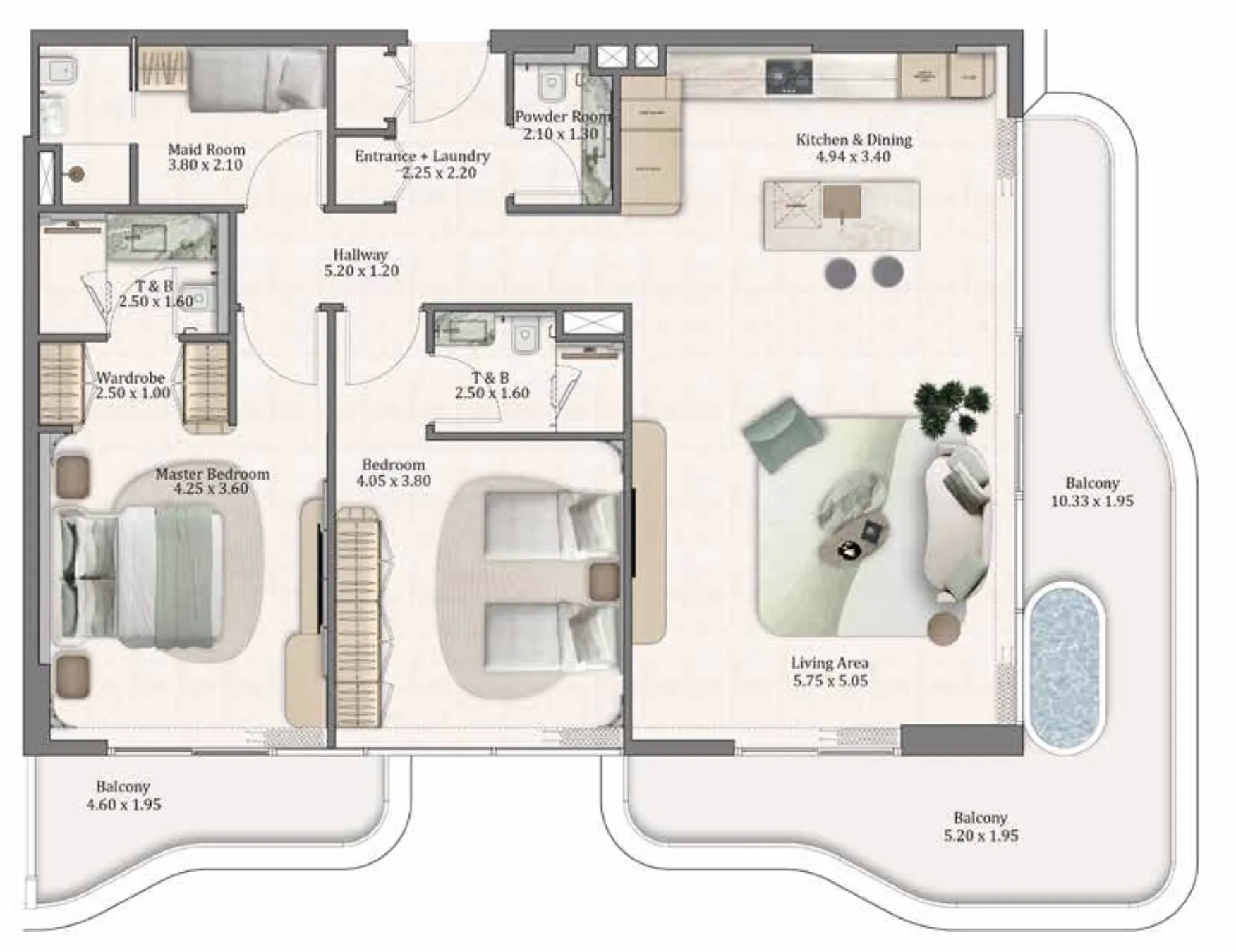 Flow Residences 2 bed floor plan, 1,646 sqft