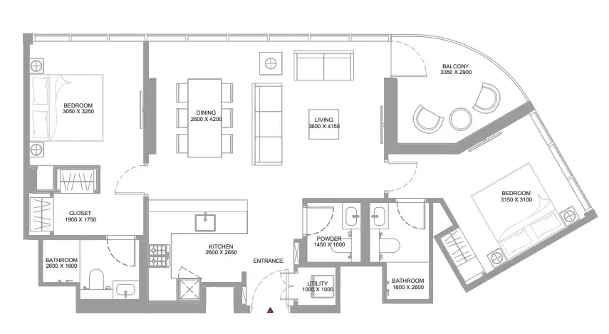 Pearlside Marina Residences 2 bed floor plan, 1,021 sqft