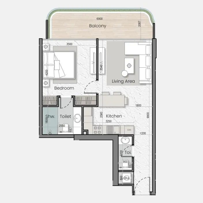 I'Sola Bella 1 bed floor plan, 729 sqft