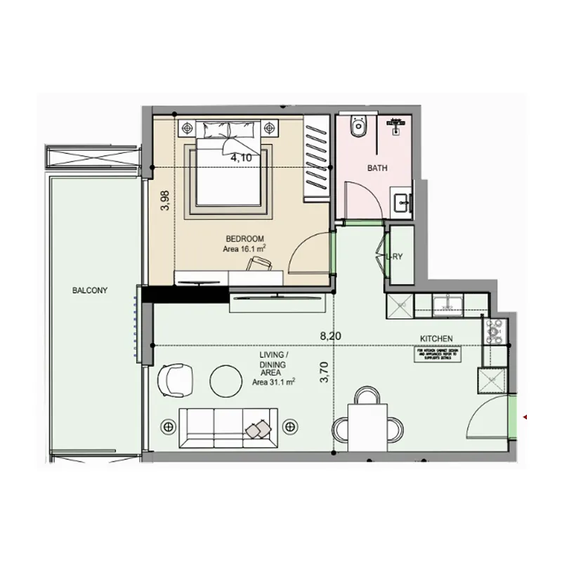 Edgewater Residences 1, 2 and 3 1 bed floor plan, 790 sqft