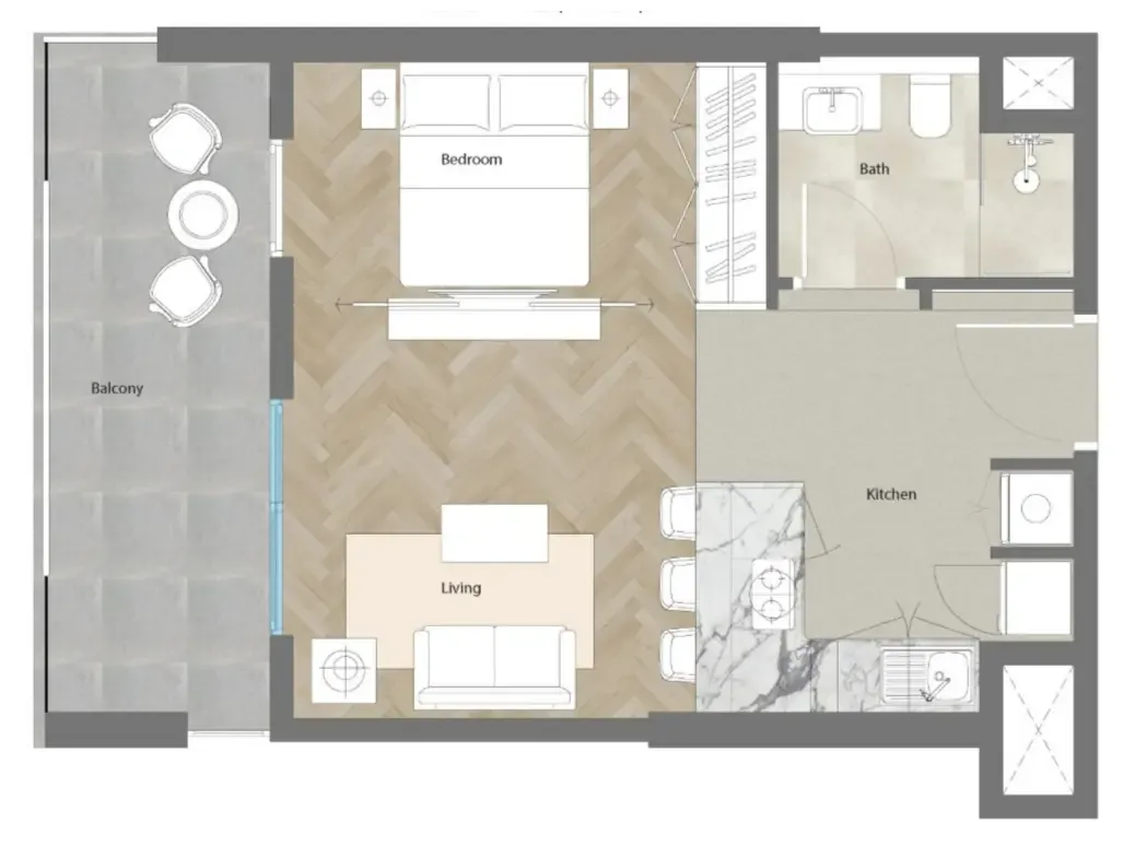 Al Mahra Residence Studio floor plan, 499 – 507 sqft
