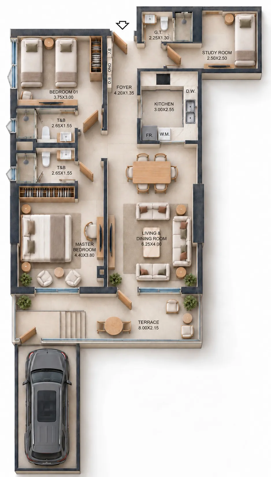 Reeman Residence 02 2 bed floor plan, 1,222 sqft