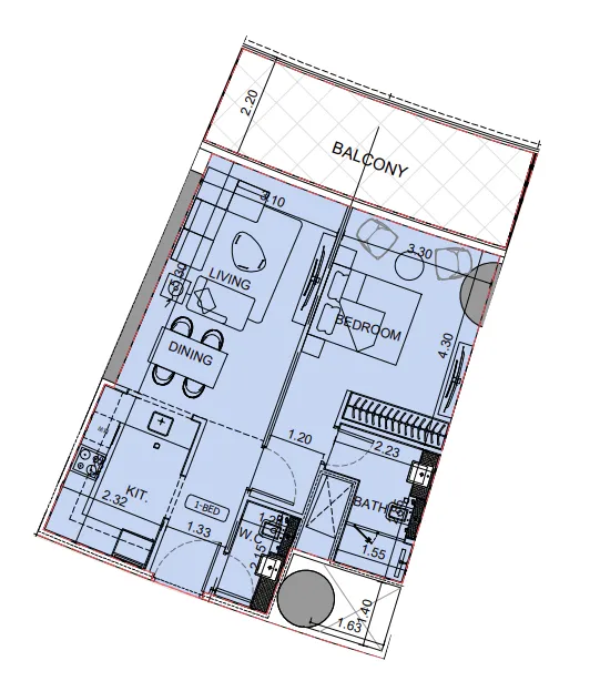 Binghatti Aquarise 1 bed floor plan, 813 sqft