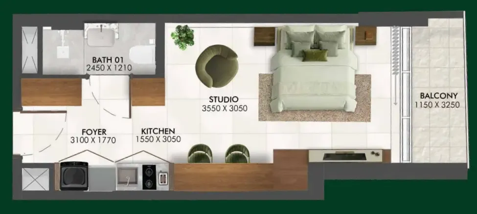 Enchante Studio floor plan, 373 sqft