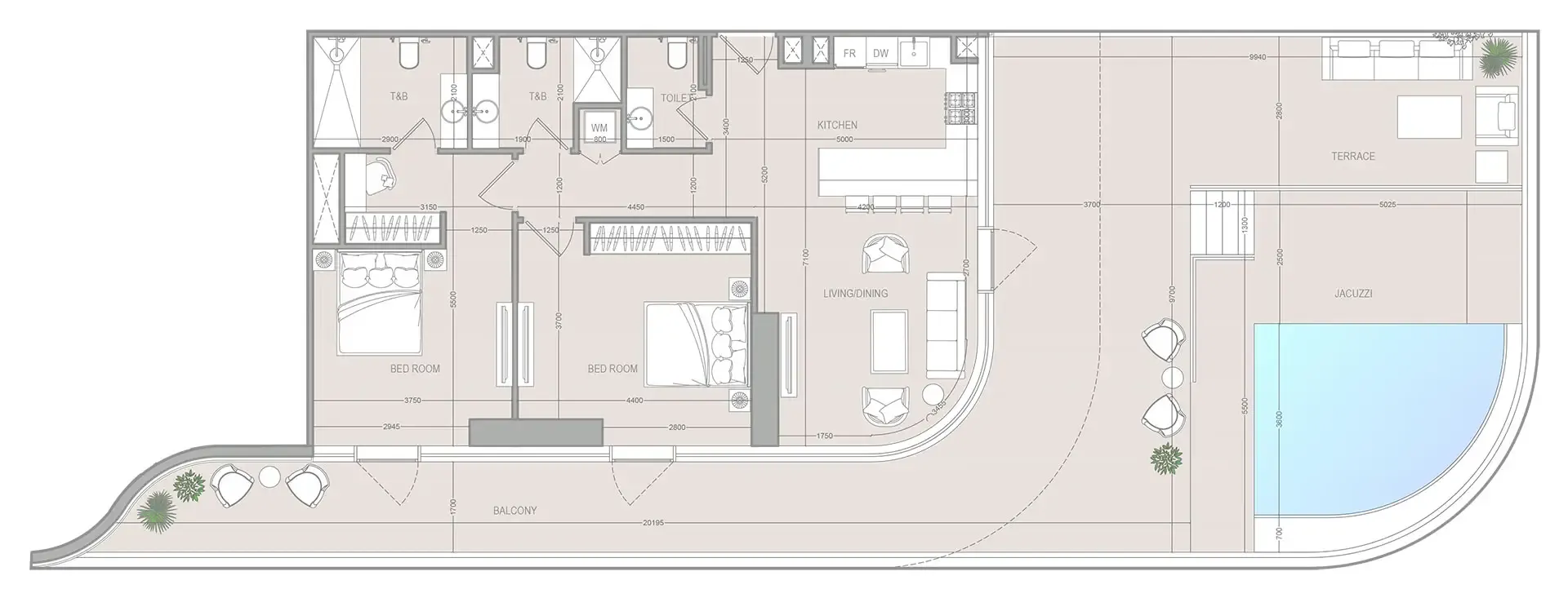 A1LA Residence 2 bed floor plan, 2,519 sqft