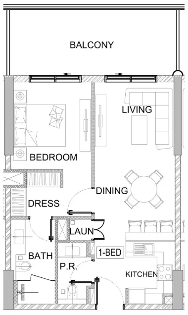 Valencia 1 bed floor plan, 788 sqft