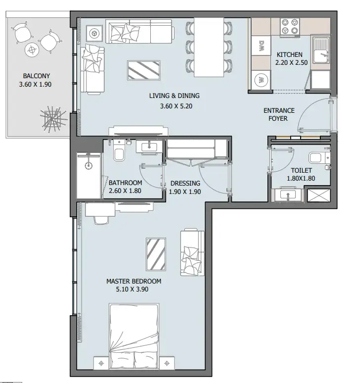 Oceana 1 bed floor plan, 807 sqft