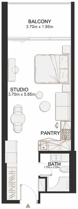 Ashley Hills Studio floor plan, 483 – 485 sqft