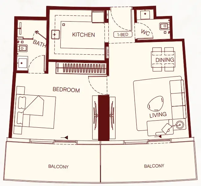 Binghatti Skyflame 1 bed floor plan, 934 sqft