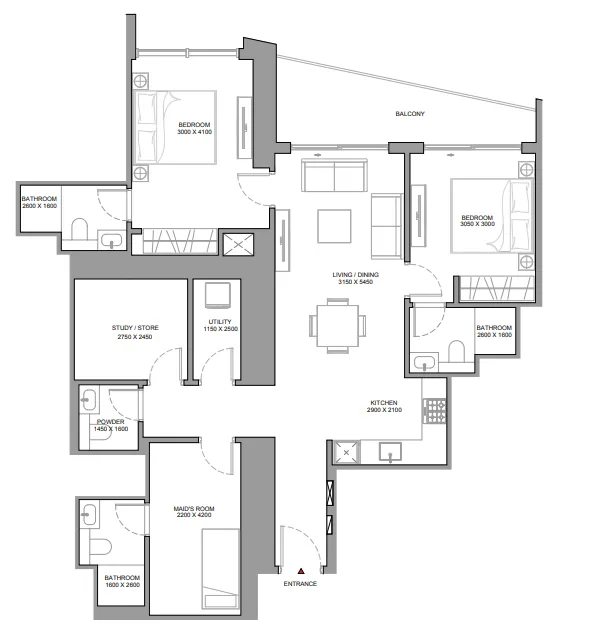 The Horizon at Sobha Central 2 bed floor plan, 1,346 sqft