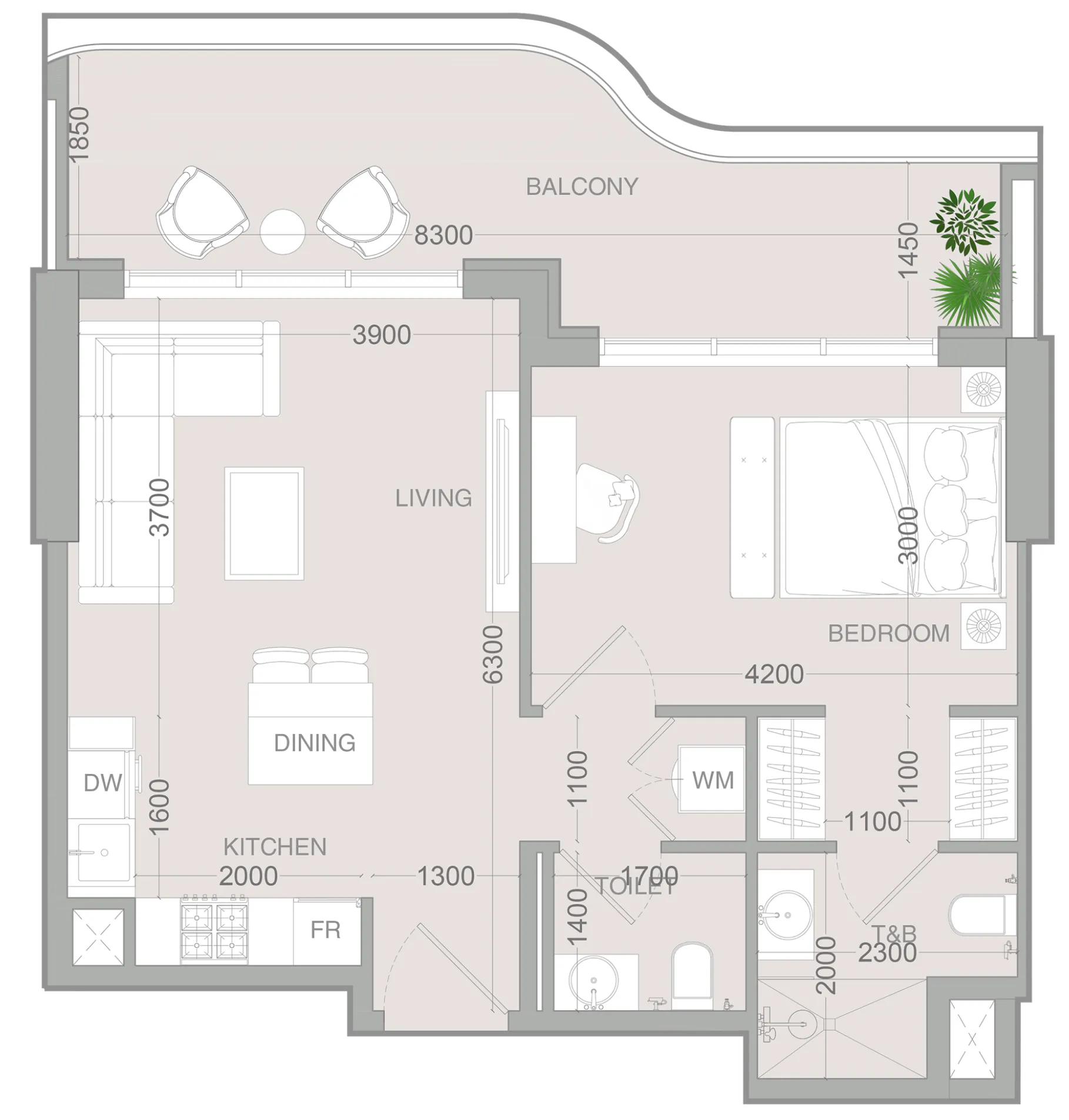 ALTA V1EW 1 bed floor plan, 750 sqft