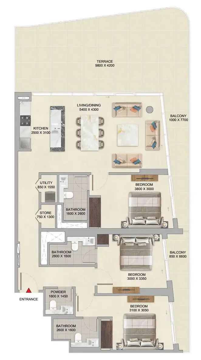 River Cove Residences at Sobha City 3 bed floor plan, 1,903 sqft