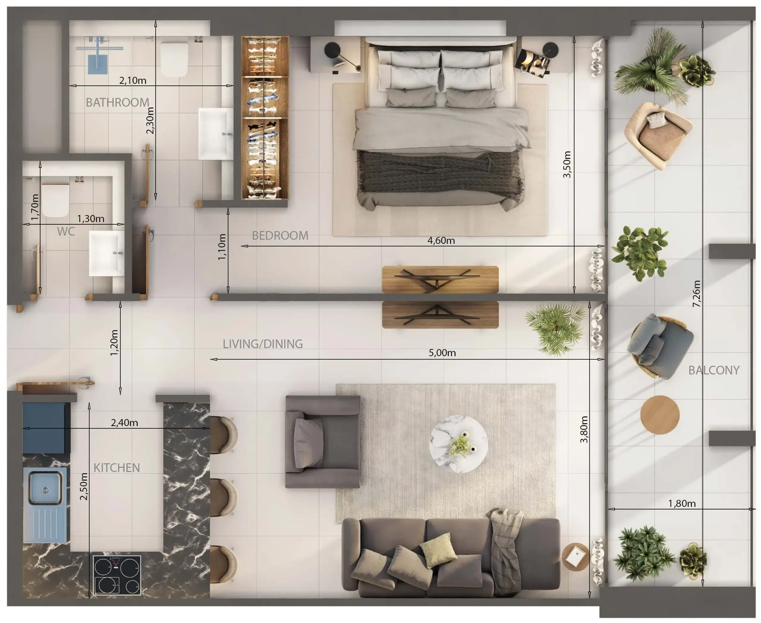 Oasis Lofts 1 bed floor plan, 728 – 756 sqft