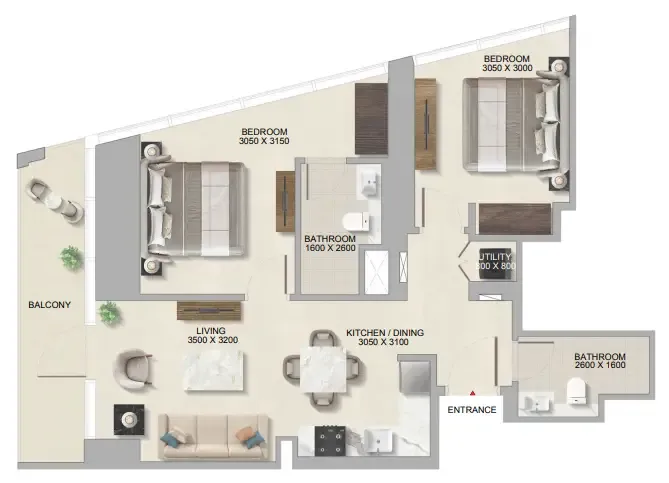 The Tranquil at Sobha Central 2 bed floor plan, 872 sqft