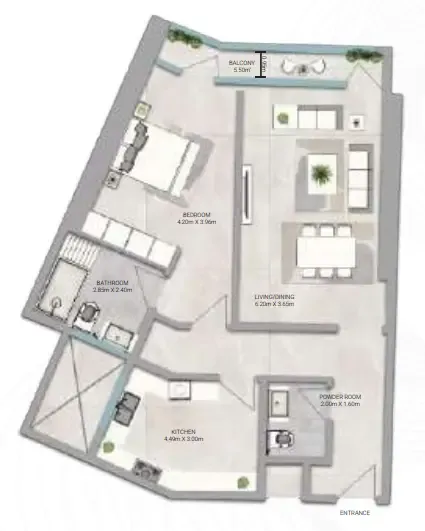 Amwaj Tower 1 bed floor plan, 1,273 sqft