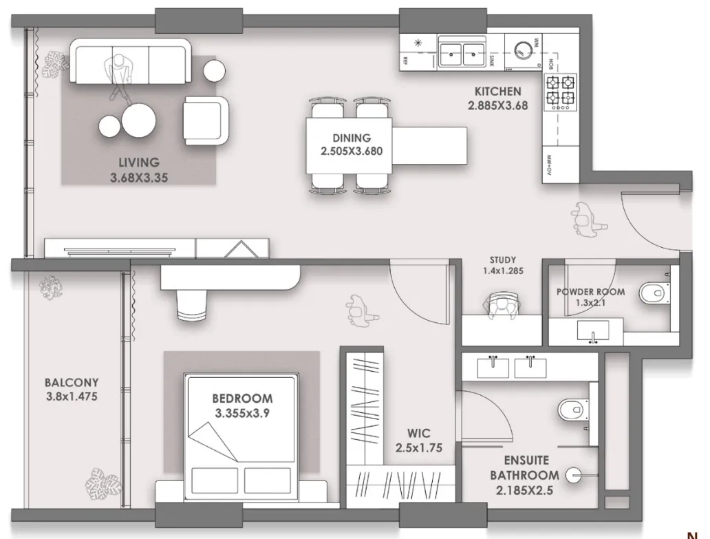 HOLM One 1 bed floor plan, 846 sqft