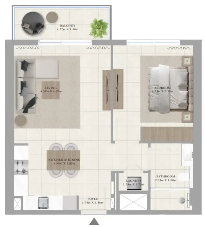 Greenside Residence 1 bed floor plan, 748 sqft