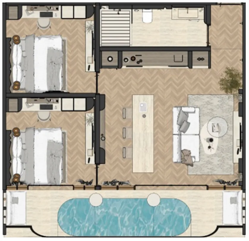 Azoria Living Suluban 2 bed floor plan, 861 sqft