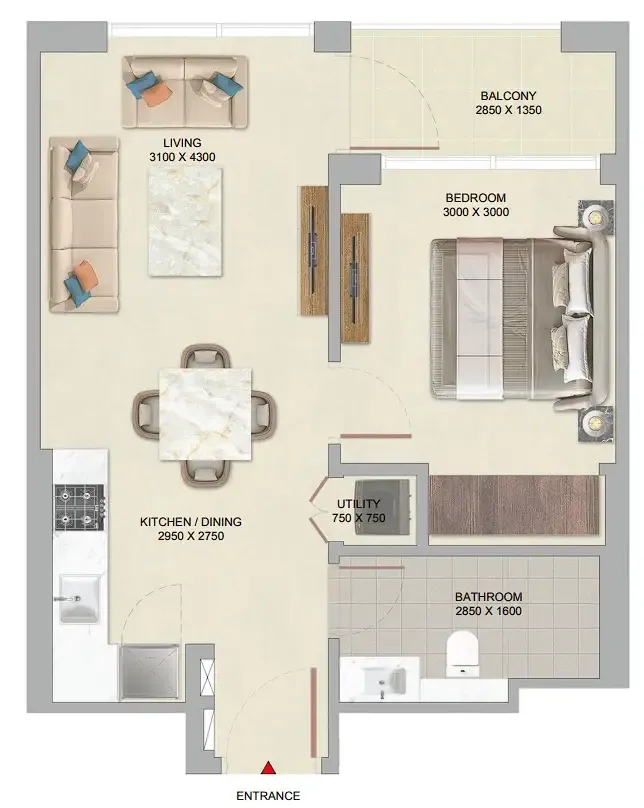 The Woods at Sobha Sanctuary 1 bed floor plan, 540 sqft