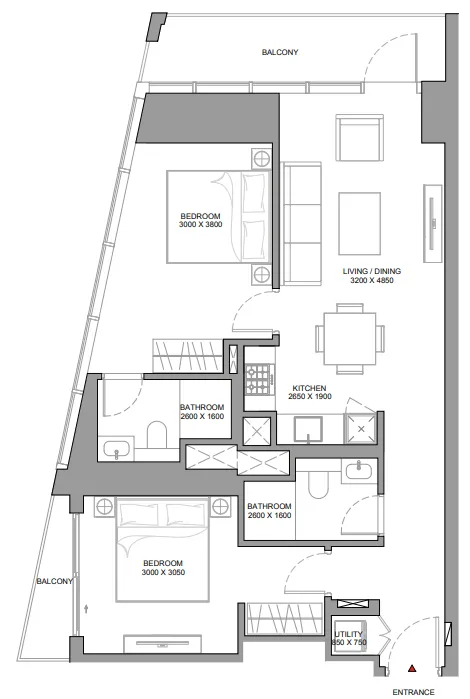The Eden at Sobha Central 2 bed floor plan, 956 sqft