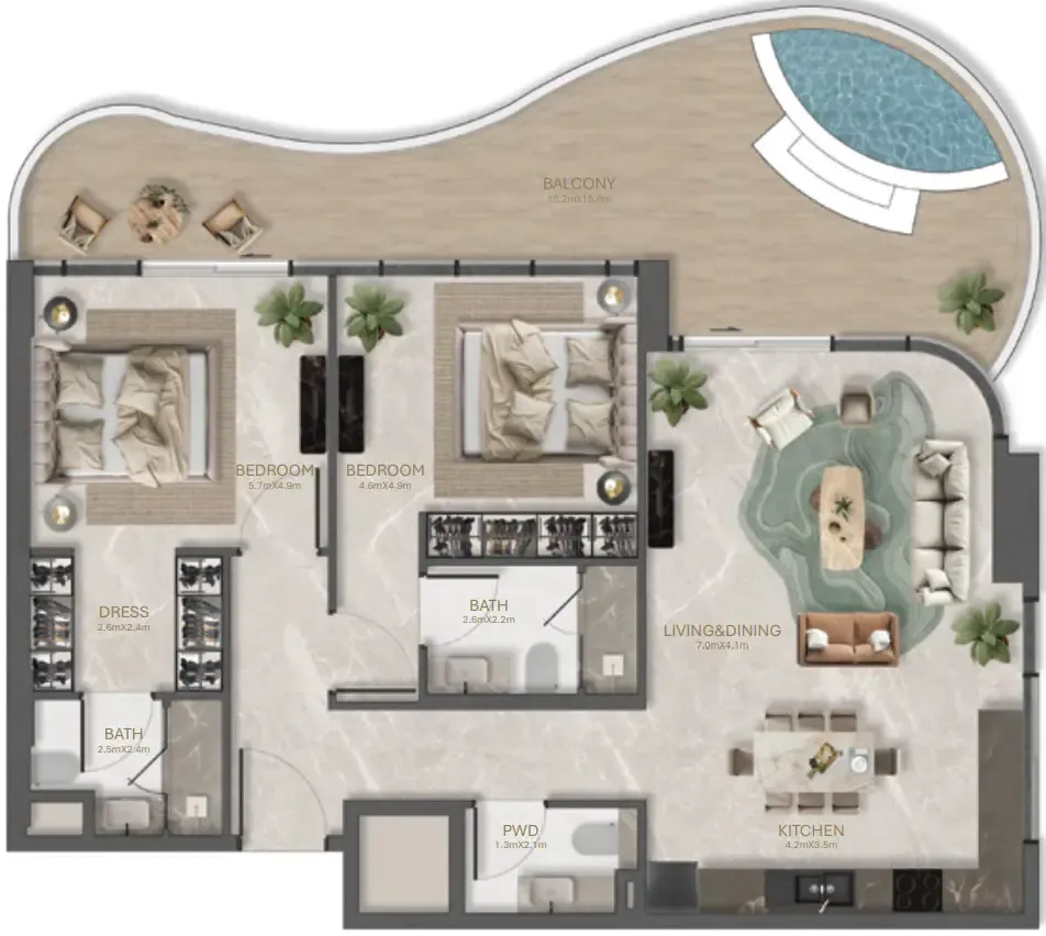 La Perla by BNW Developments 2 bed floor plan, 1,326 – 1,756 sqft