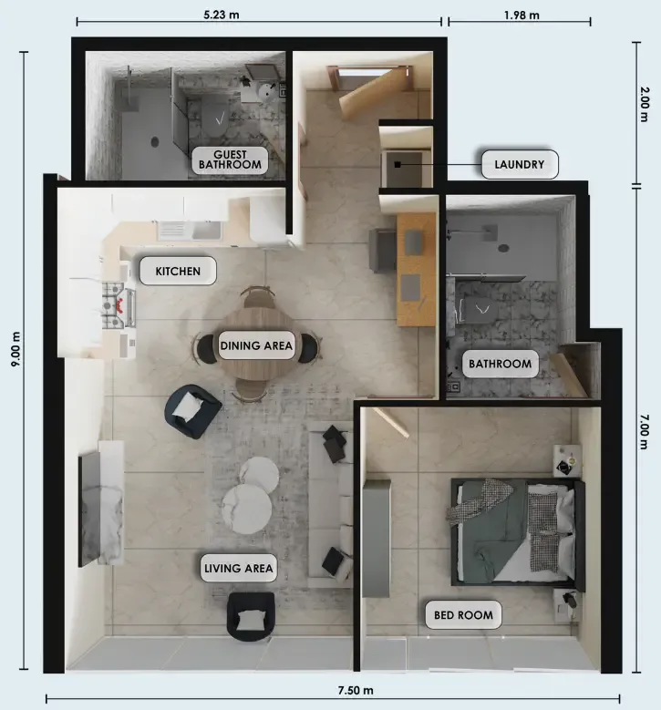 Zenith J1 1 bed floor plan, 677 sqft