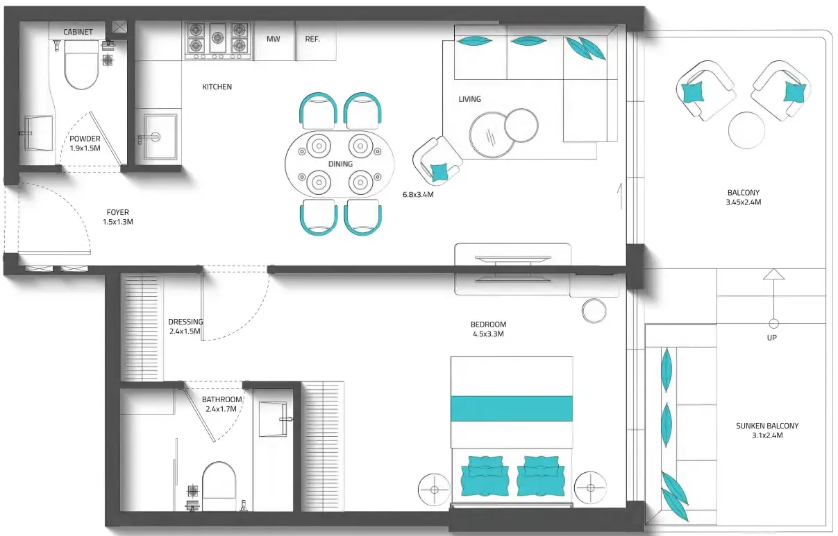 Reef 996 1 bed floor plan, 767 – 784 sqft